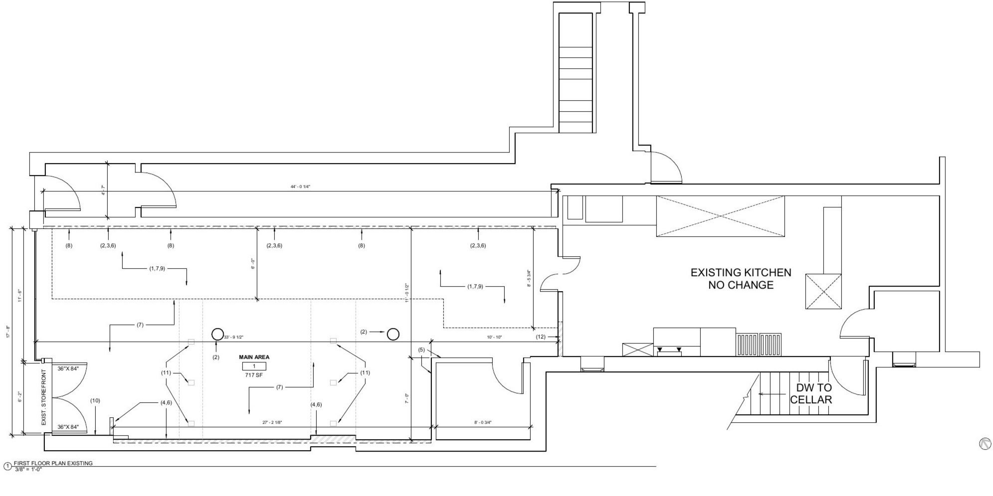 First floor demolition plan: existing partitions, ceiling, a
